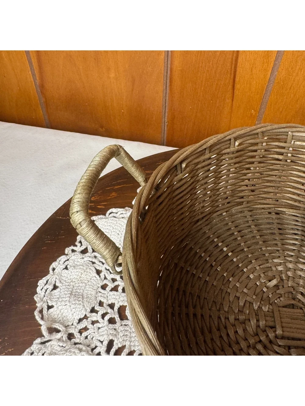 Round Woven Basket With Handles Antiqued Gold Wicker Farmhouse Centerpiece